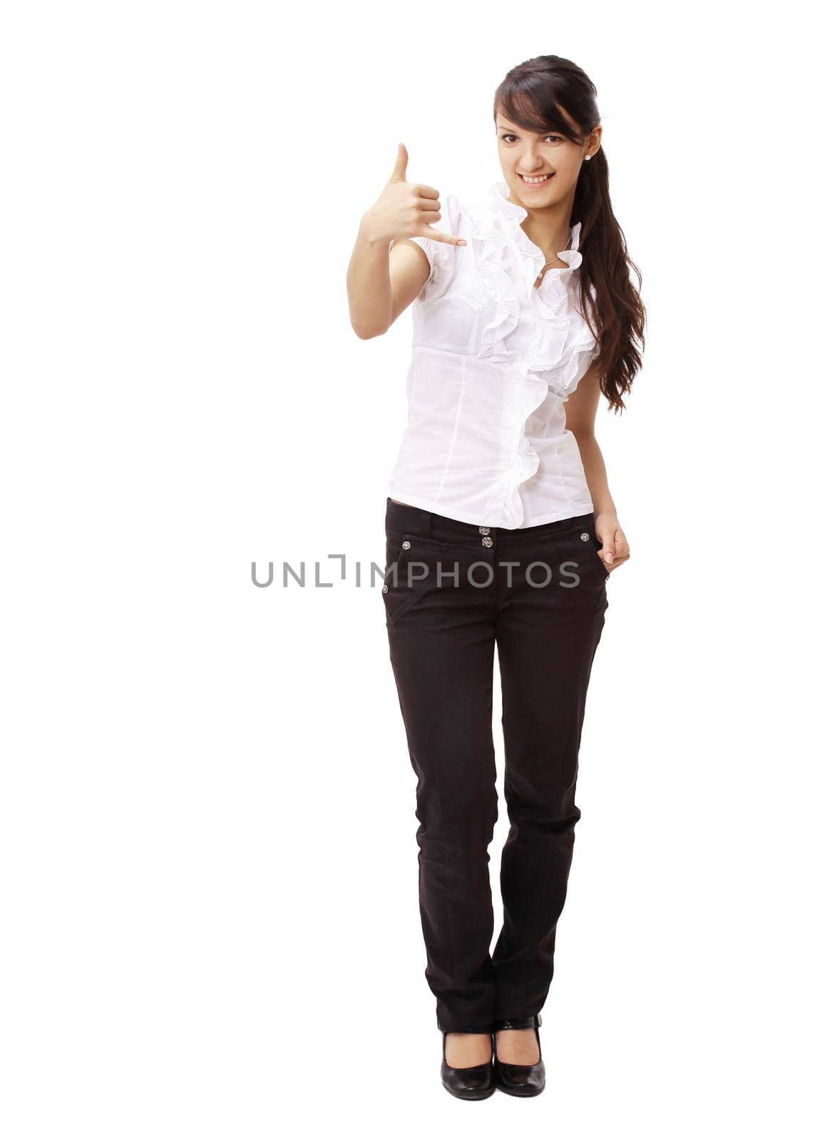 closeup.young business woman showing sign of success.isolated on white
