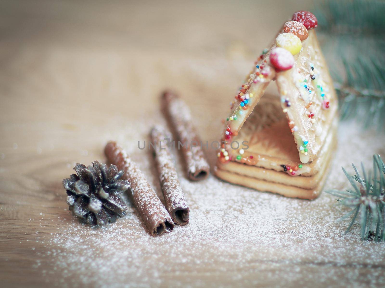 cinnamon sticks and cookies at the Christmas table .Christmas background