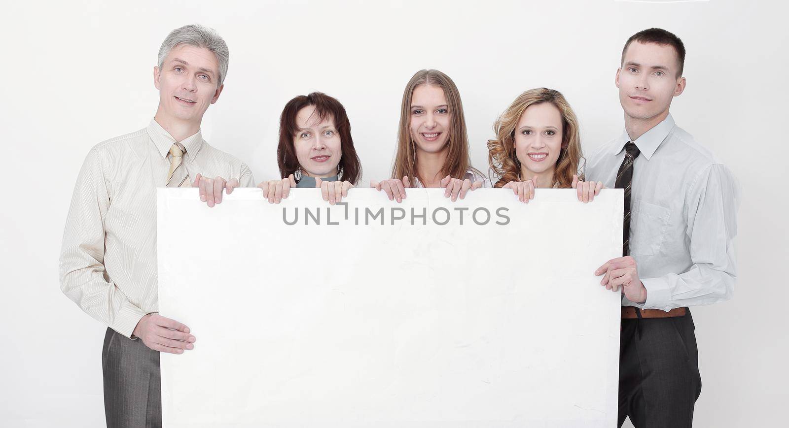 professional business team with big blank poster.isolated on white background