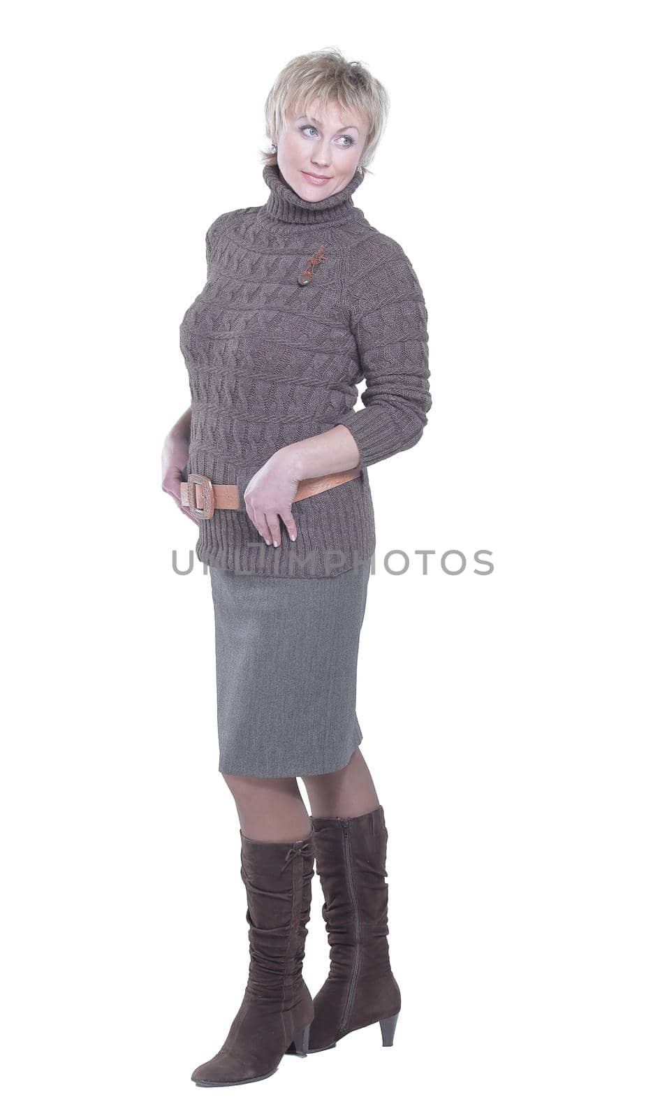 beautiful woman in knitted sweater .isolated on a white background.