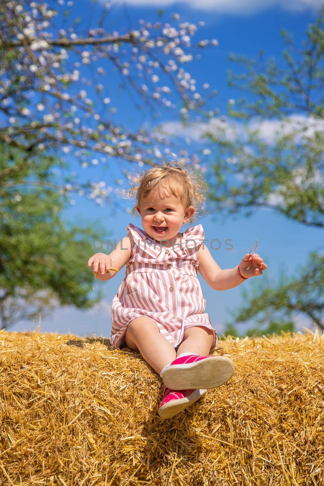 The child is sitting on a pile of hay. Selective focus. Nature.