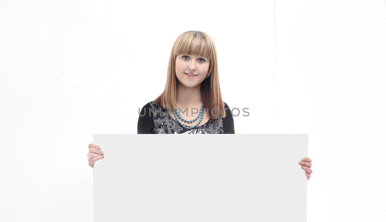 young business woman showing blank poster .isolated on white background