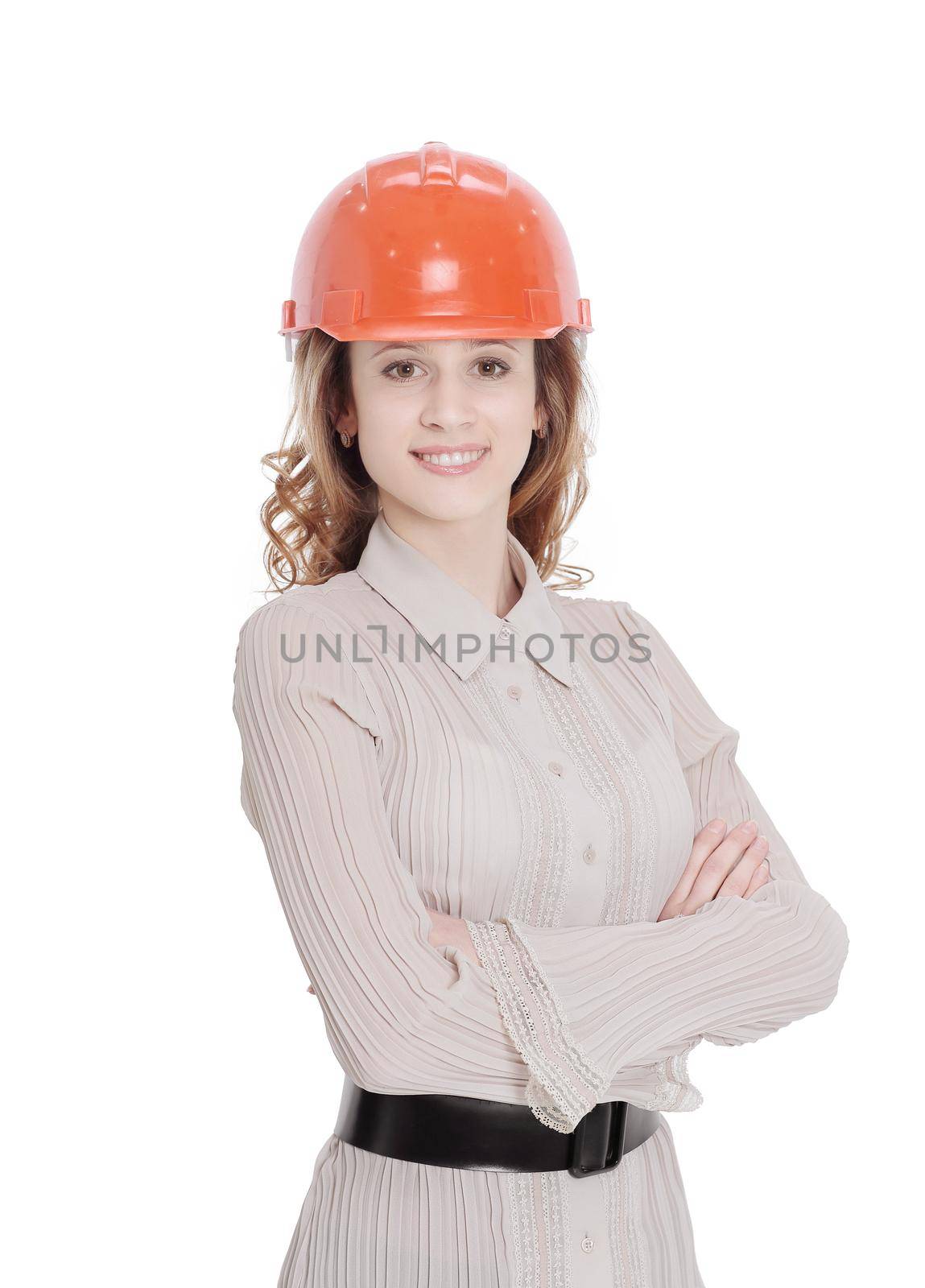 portrait of confident female engineer .isolated on white background