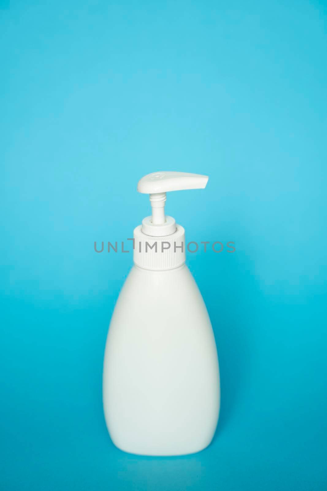 Liquid container for gel, lotion, cream, shampoo, bath foam. Cosmetic plastic bottle with white dispenser pump. Mock up template for design