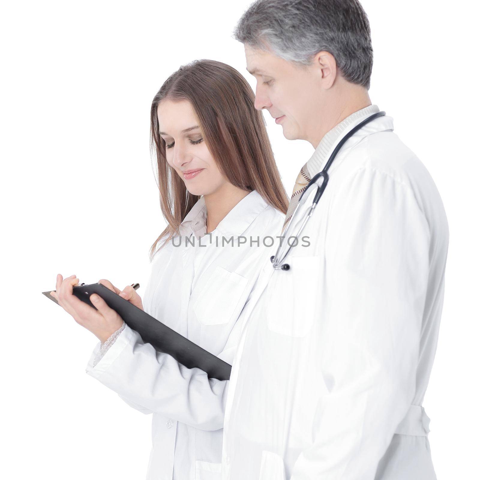 two confident doctor discussing the patient's medical card.isolated on white background