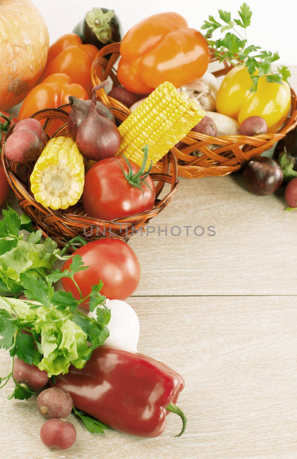frame of fresh vegetables on a wooden background.photo with copy space.