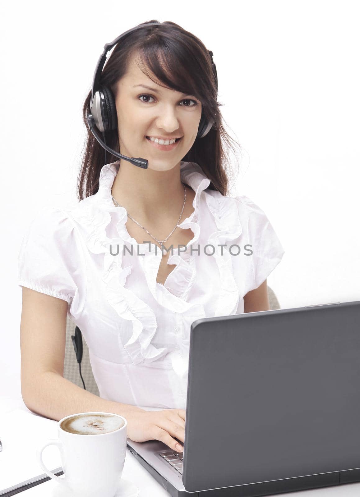 portrait of an employee call center sitting behind a Desk by SmartPhotoLab