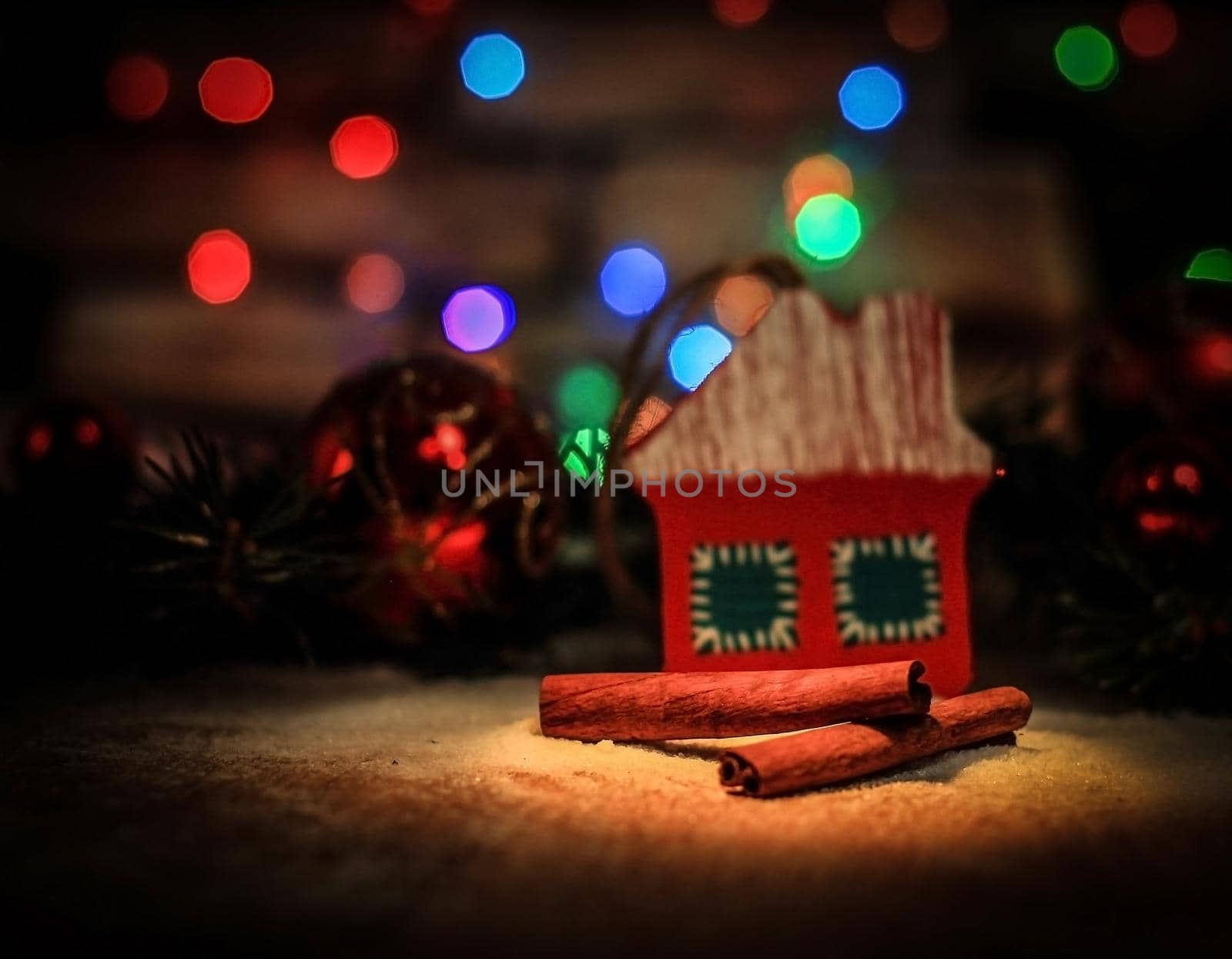 Christmas decorations and cinnamon sticks on a festive backgrou by SmartPhotoLab