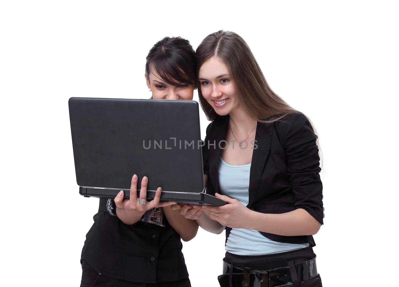 two successful employees looking at laptop screen.photo with copy space.