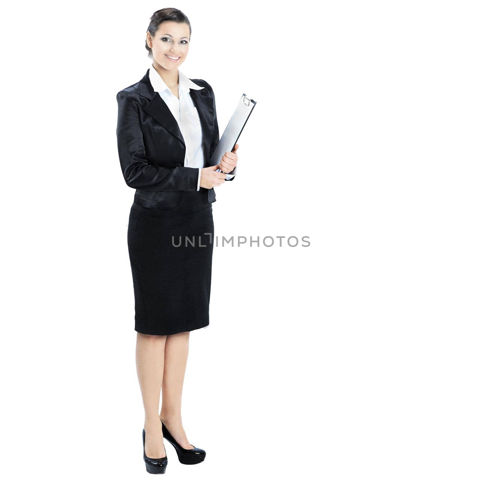 Beautiful businesswoman holds a work plan. Isolated on a white background. by SmartPhotoLab