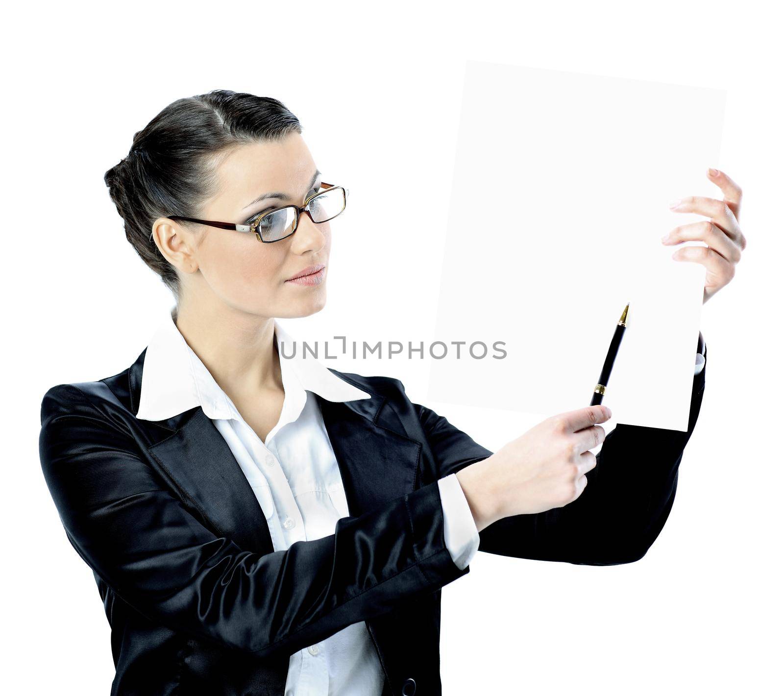 Âeautiful business woman in glasses with a white banner. Isolated on a white background.