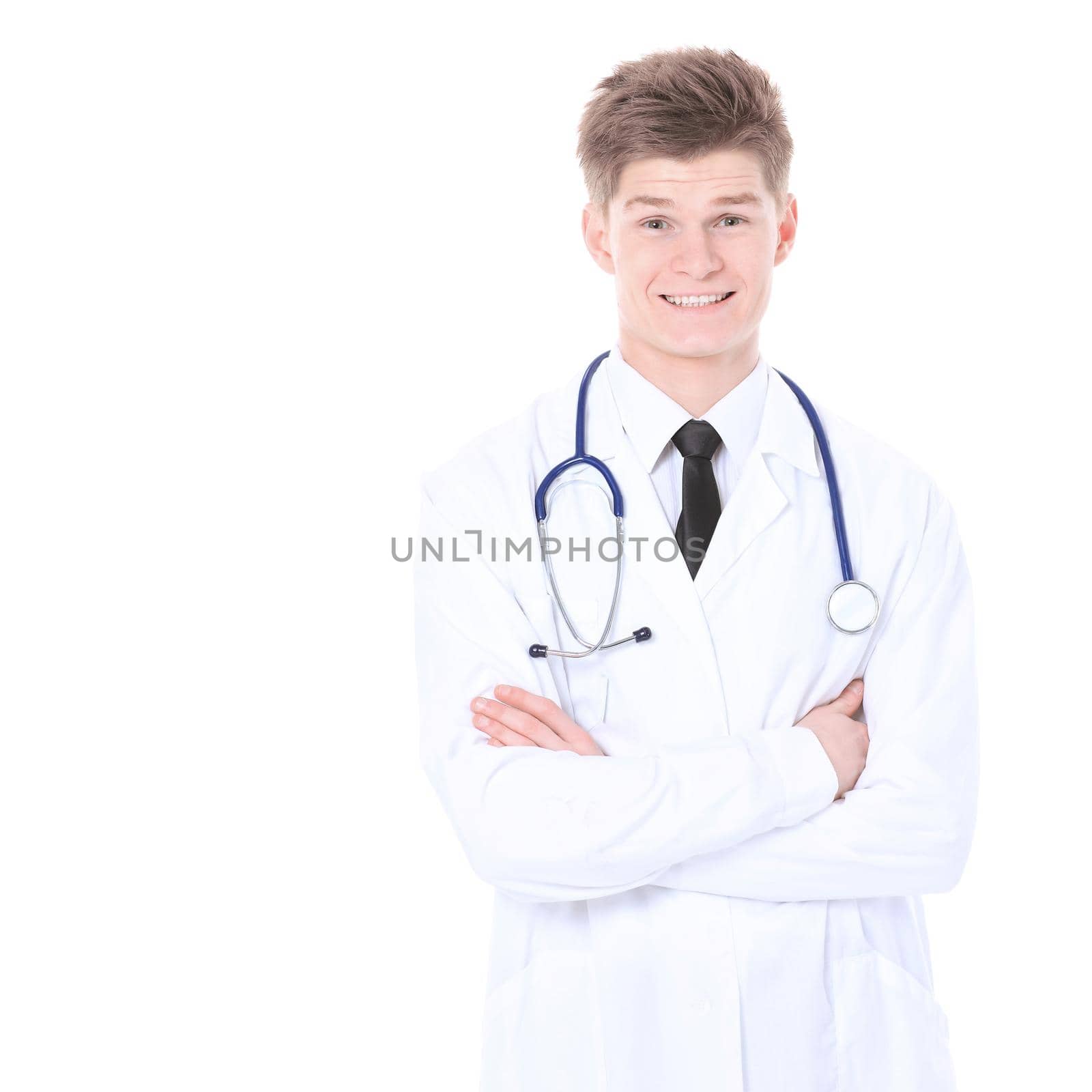 Nice young doctor with a stethoscope isolated on white
