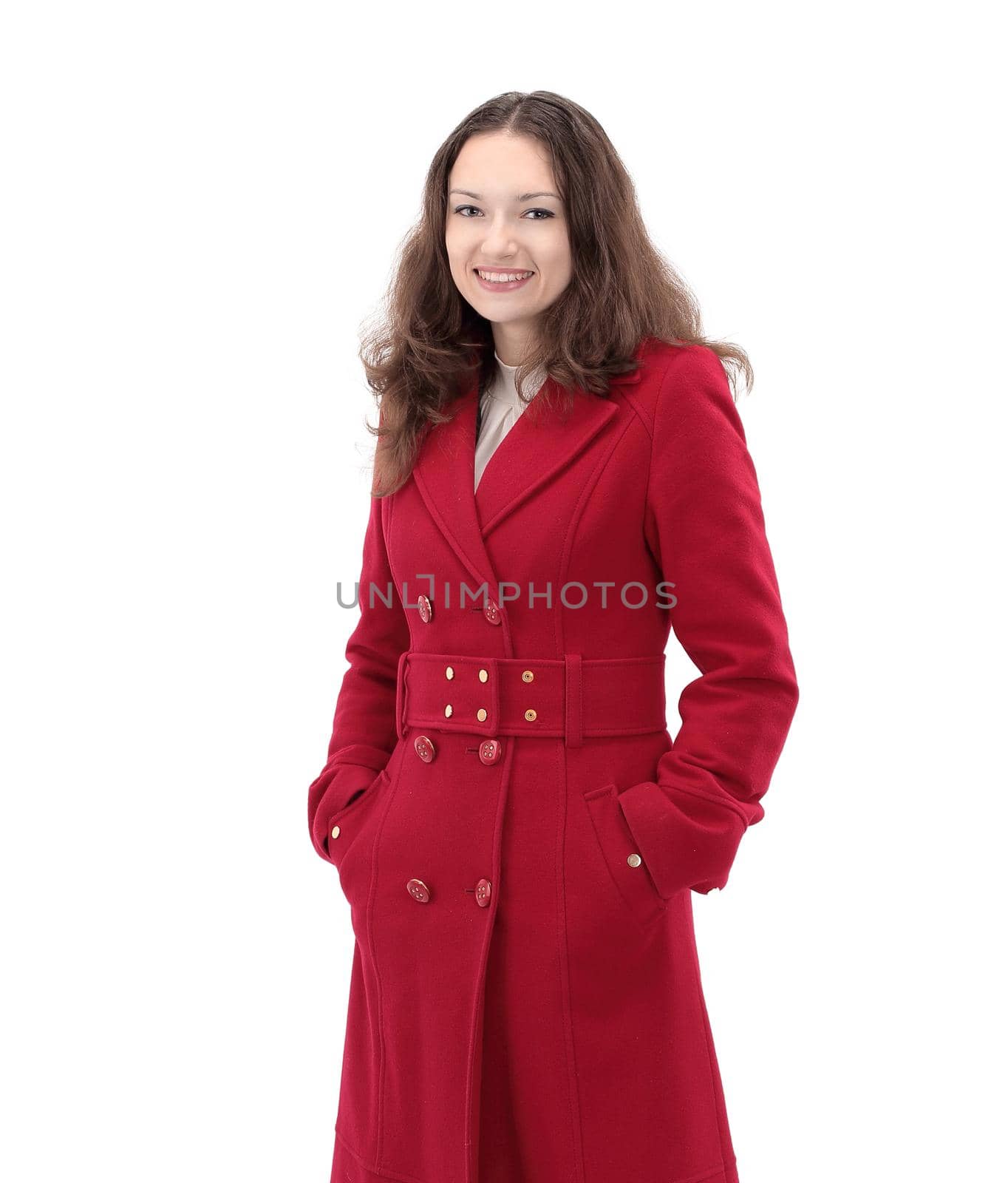 closeup.portrait of a smiling young woman in red coat.isolated on white.