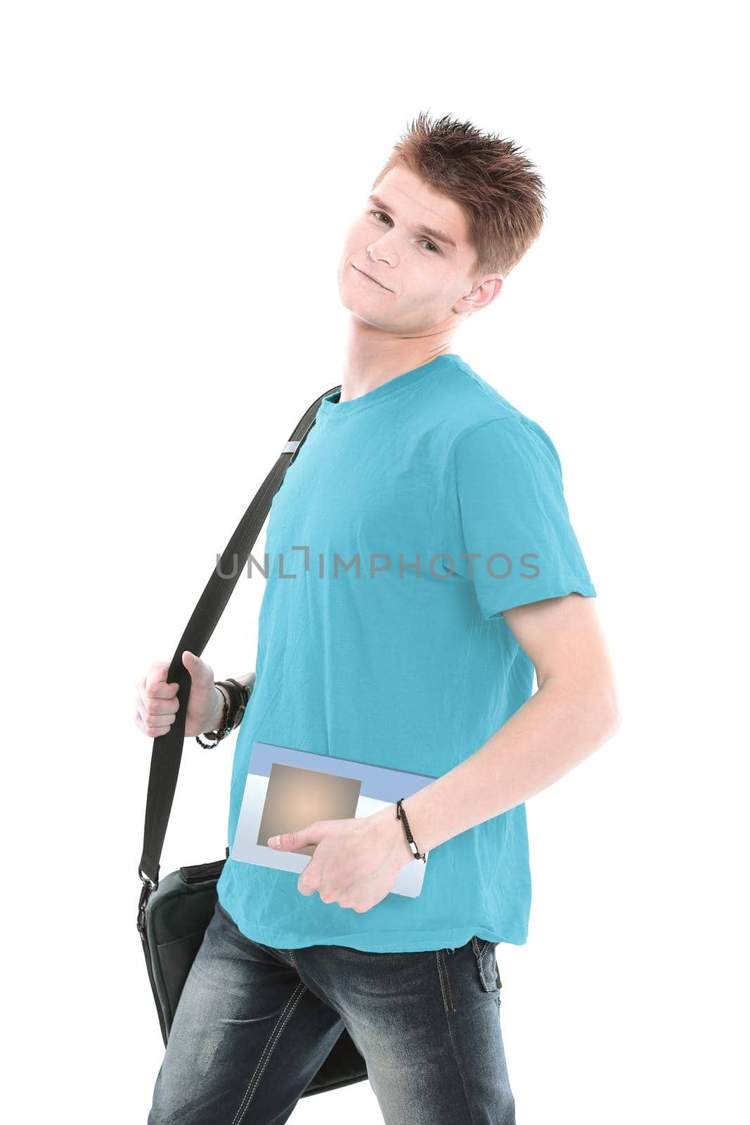 student with book and bag with the laptop. by SmartPhotoLab