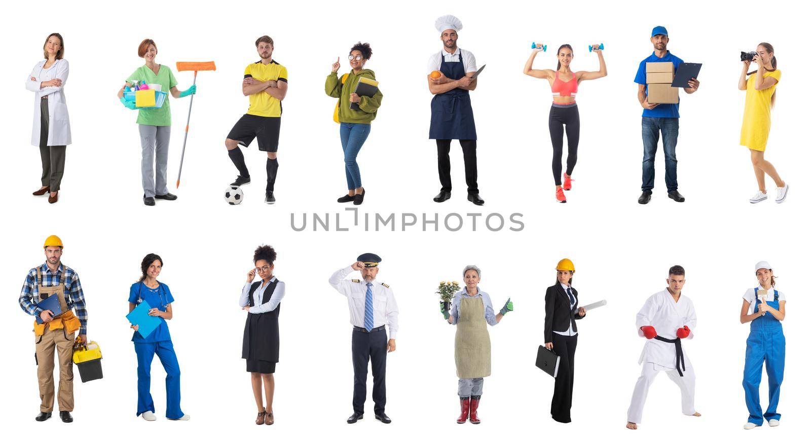 Full length portrait of group of people representing diverse professions job search concept design elements isolated on white background