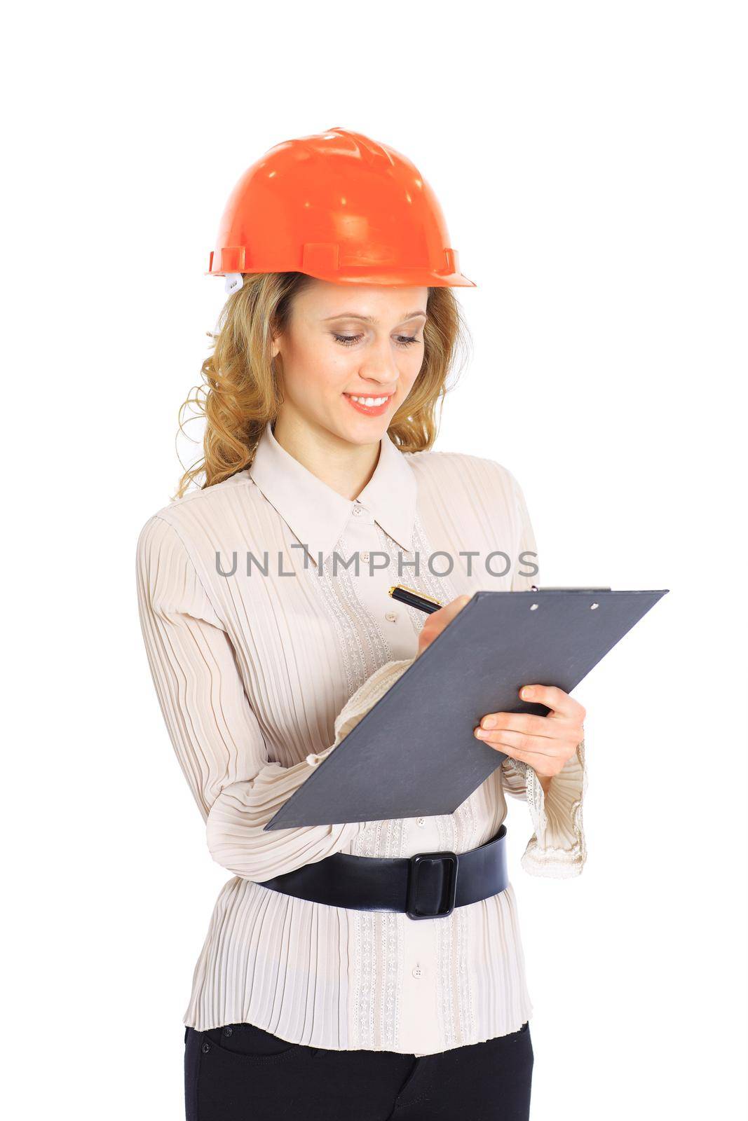 A woman engineer in helmet.