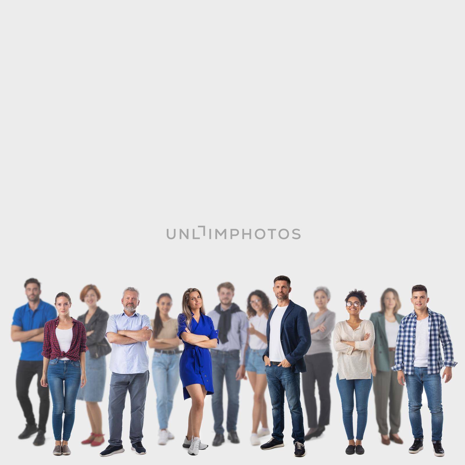 Design background of many people in casual wear isolated on gray, lot of people, crowd concept