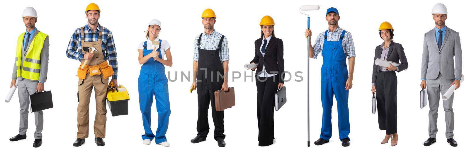 Full length portraits of confident Construction industry workers architect handyman house painter isolated on white background