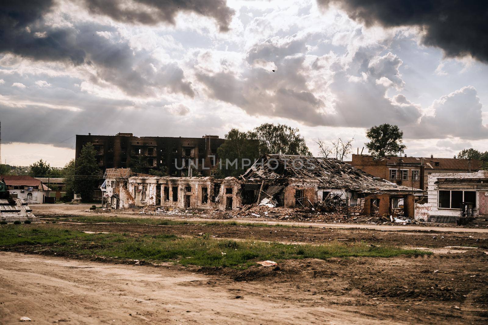 War in Ukraine. The central square in the city of Trostyanets liberated from the Russians. Russian military invasion of Ukraine