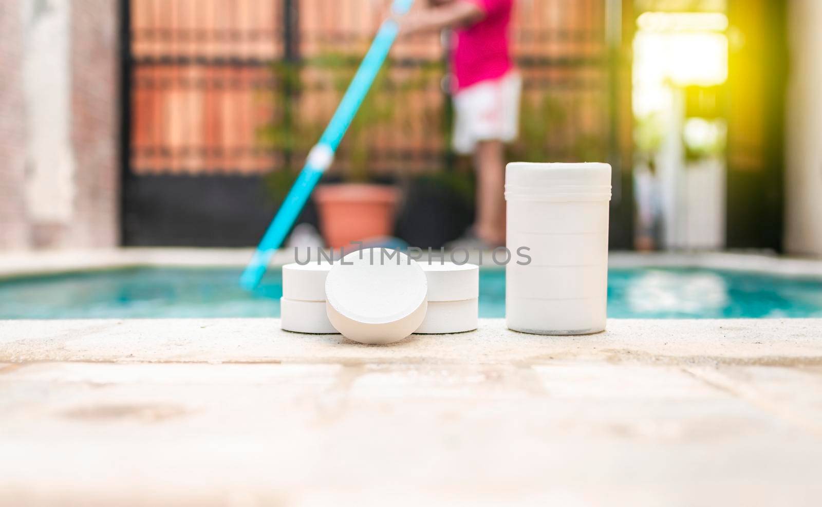 chlorine tablets to clean swimming pool, Close up of chlorine tablets to clean swimming pools, concept of chlorine tablets to sanitize swimming pools