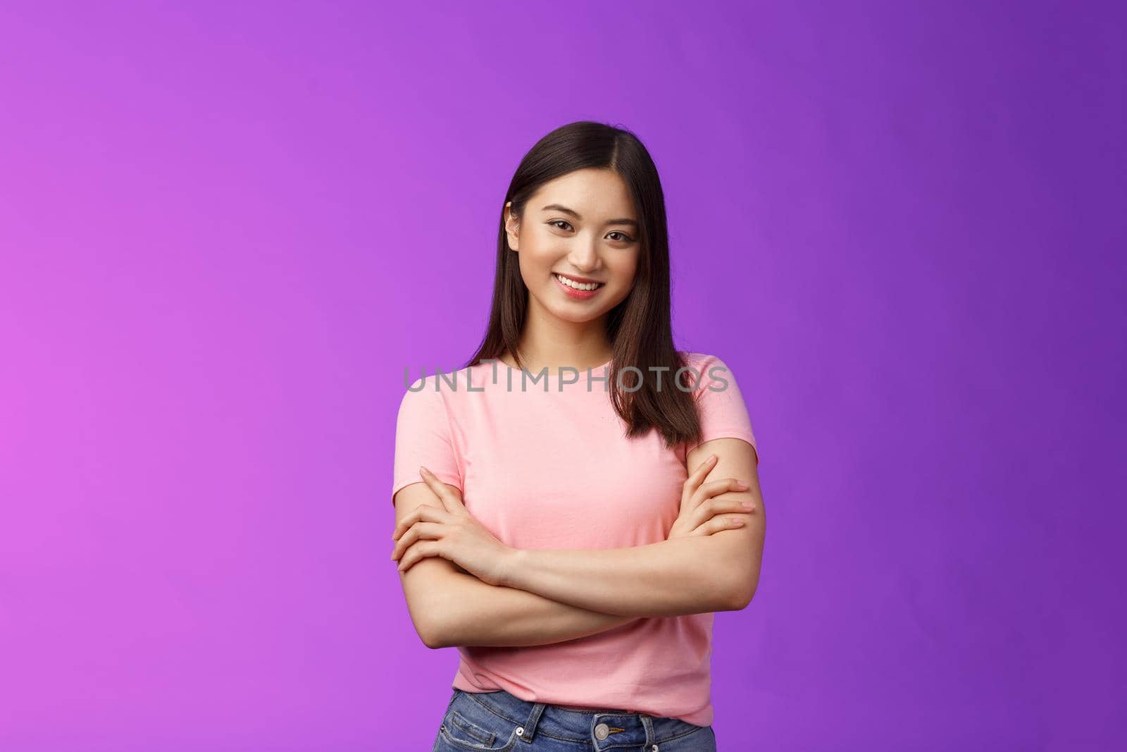 Assertive good-looking female entrepreneur young girl starting own business, feel encouraged, confidently smiling, cross arms chest, talking llively friends, stand purple background joyful by Benzoix