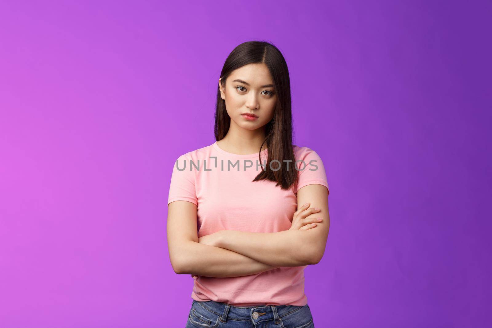 Bothered and pissed asian woman brunette, cross arms chest block, feeling offended annoyed, stare dismay disappointment, stand purple background upset irritated, fed up listen excuses.