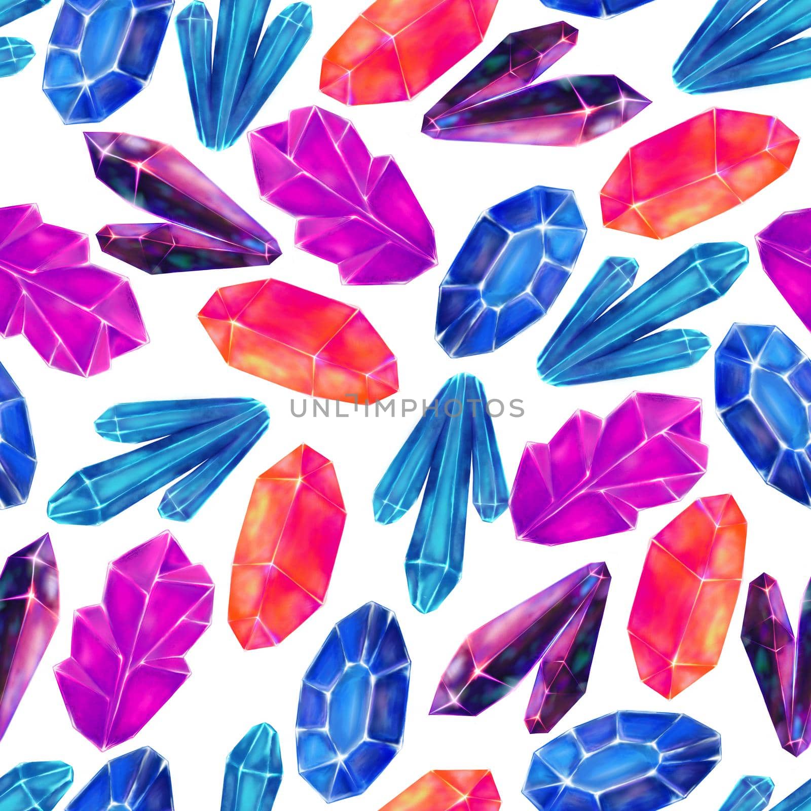 Bright colorful glowing crystals seamless pattern. Colourful surface texture with hand drawn watercolor amethyst gemstones. by iliris