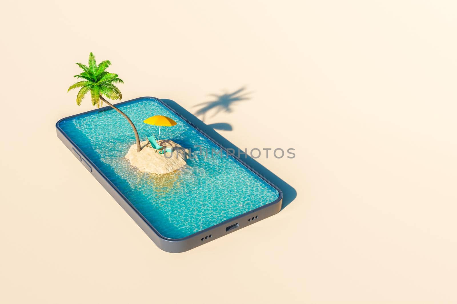 Smartphone with palm and deckchair on seashore on screen by asolano