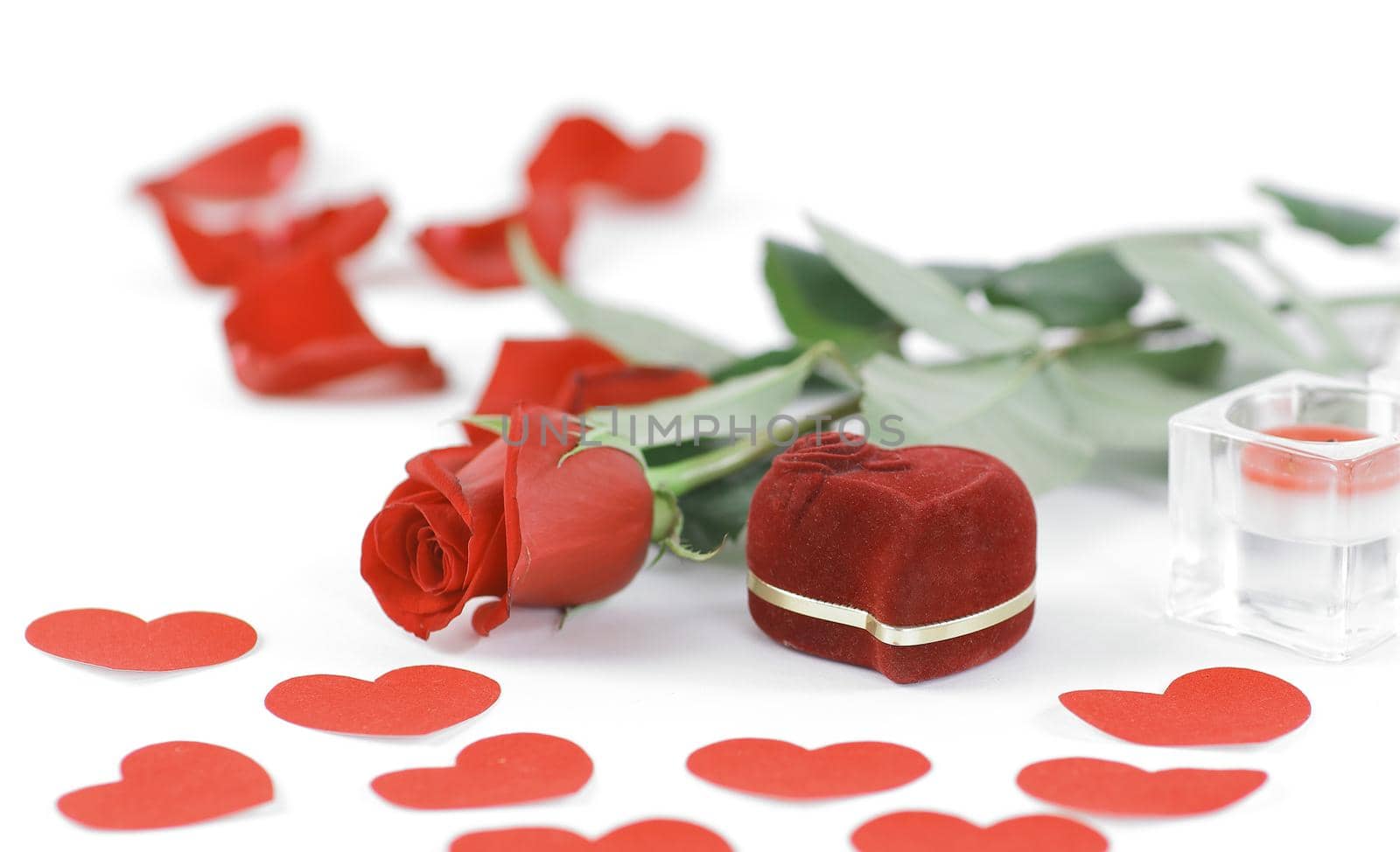 red rose,Cup of coffee and heart on white background.