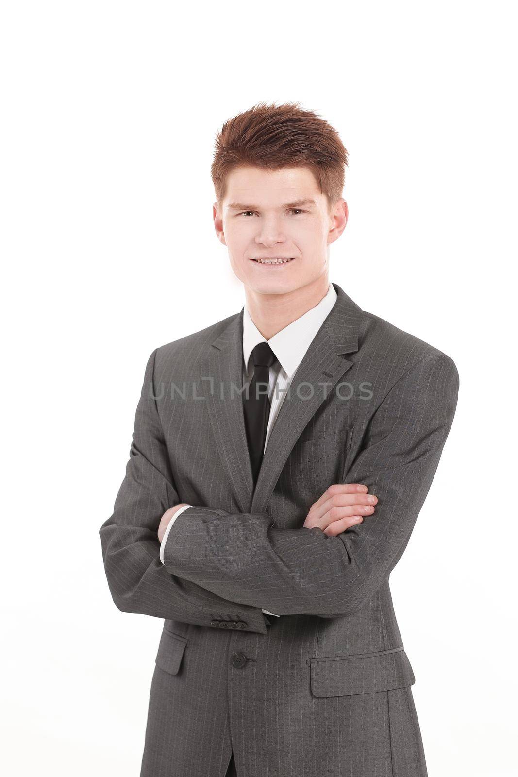 Half-length portrait of business man with crossed hands, isolated. Concept of leadership and success