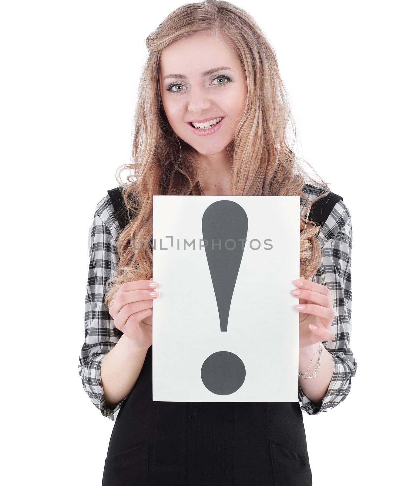 young business woman showing exclamation mark.isolated on white background