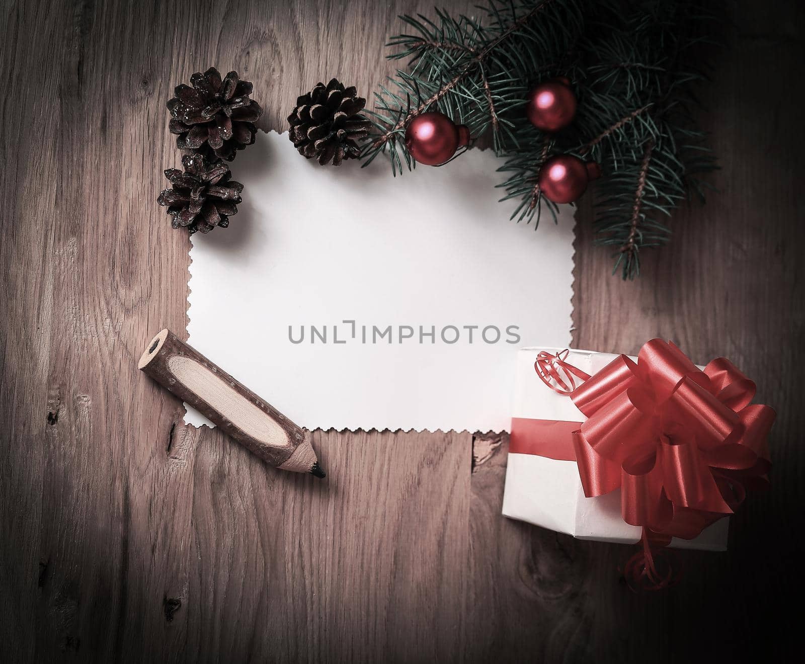 blank Christmas card and a box with gift on Christmas background by SmartPhotoLab