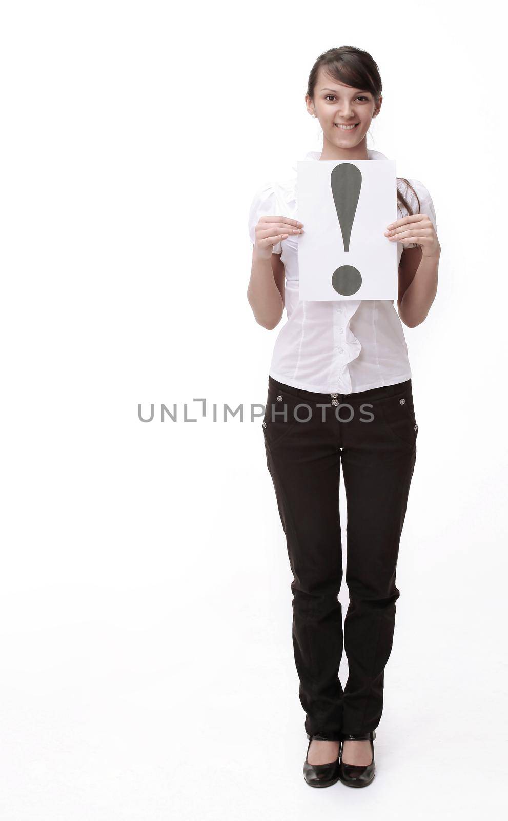 closeup. business woman showing exclamation mark . isolated on white background