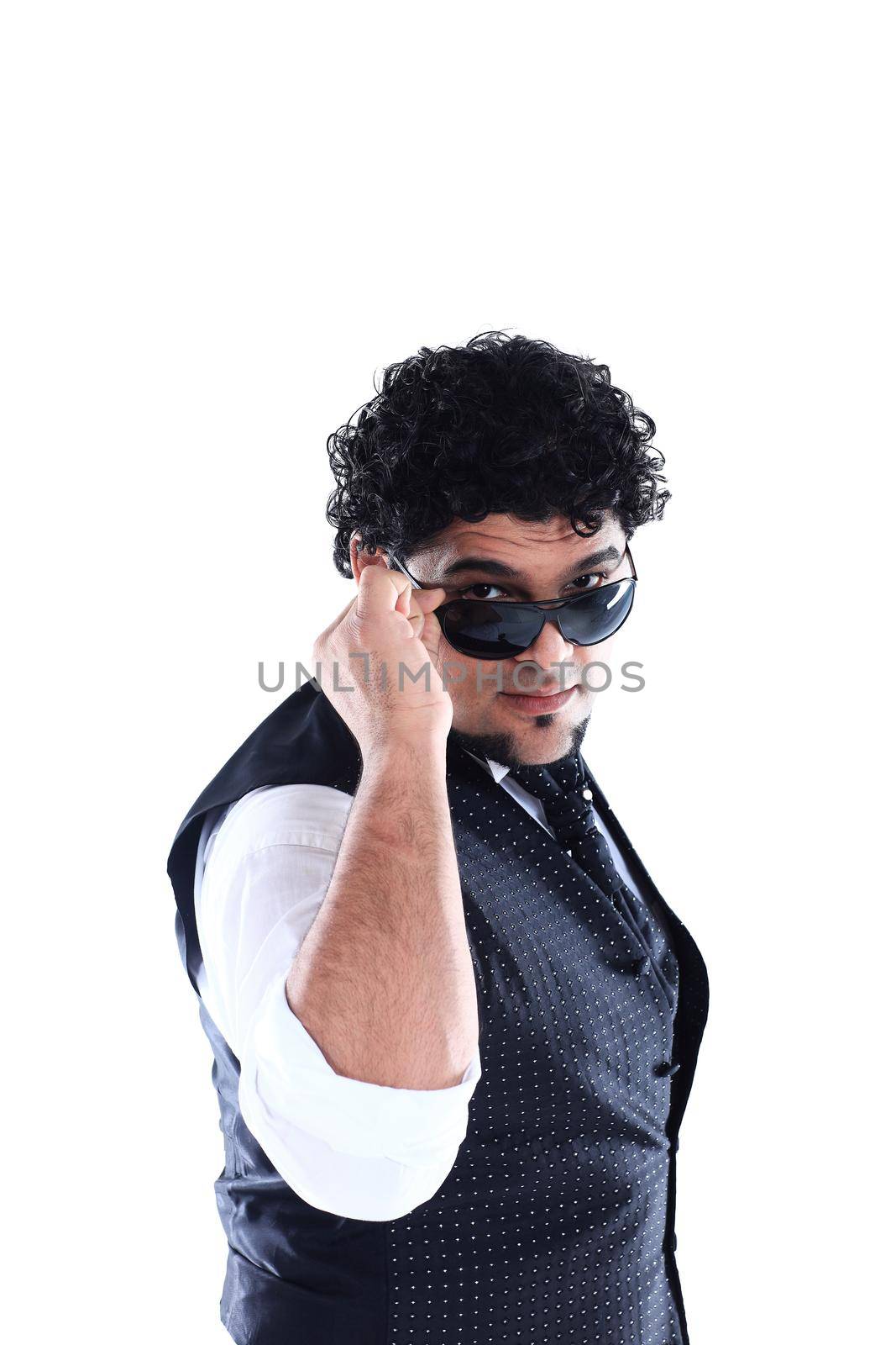 portrait of a DJ in a stylish black glasses on a white background by SmartPhotoLab