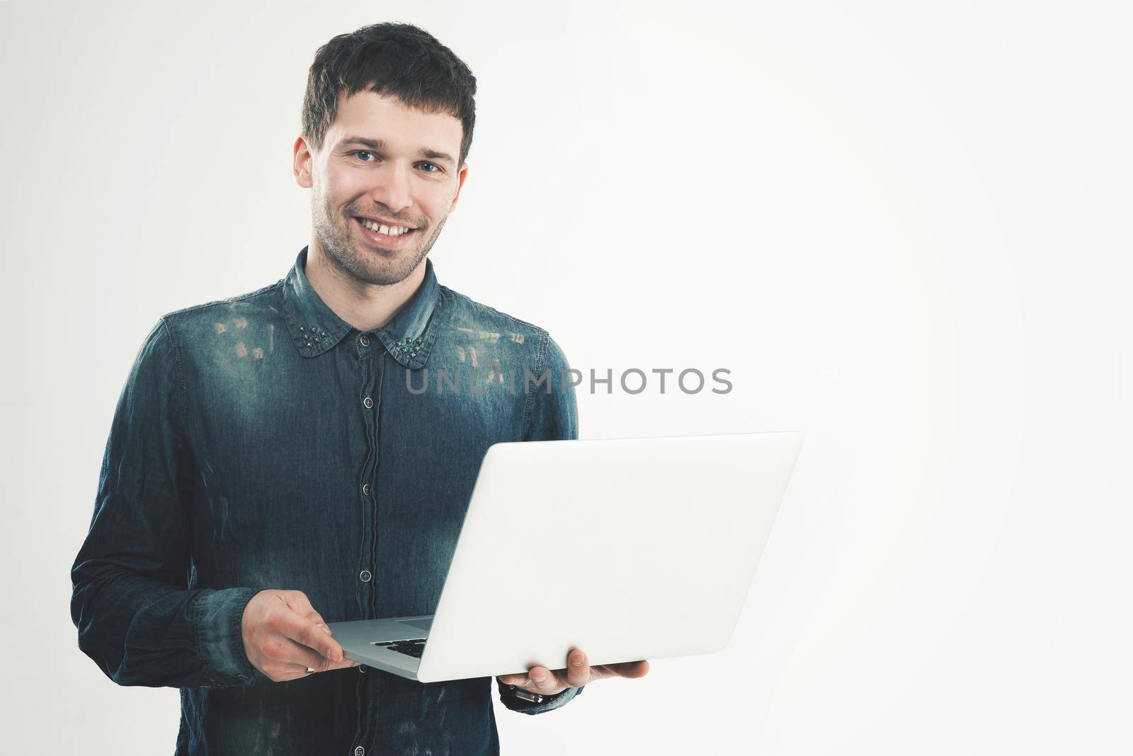 portrait marketing Manager with notebook on a white background by SmartPhotoLab