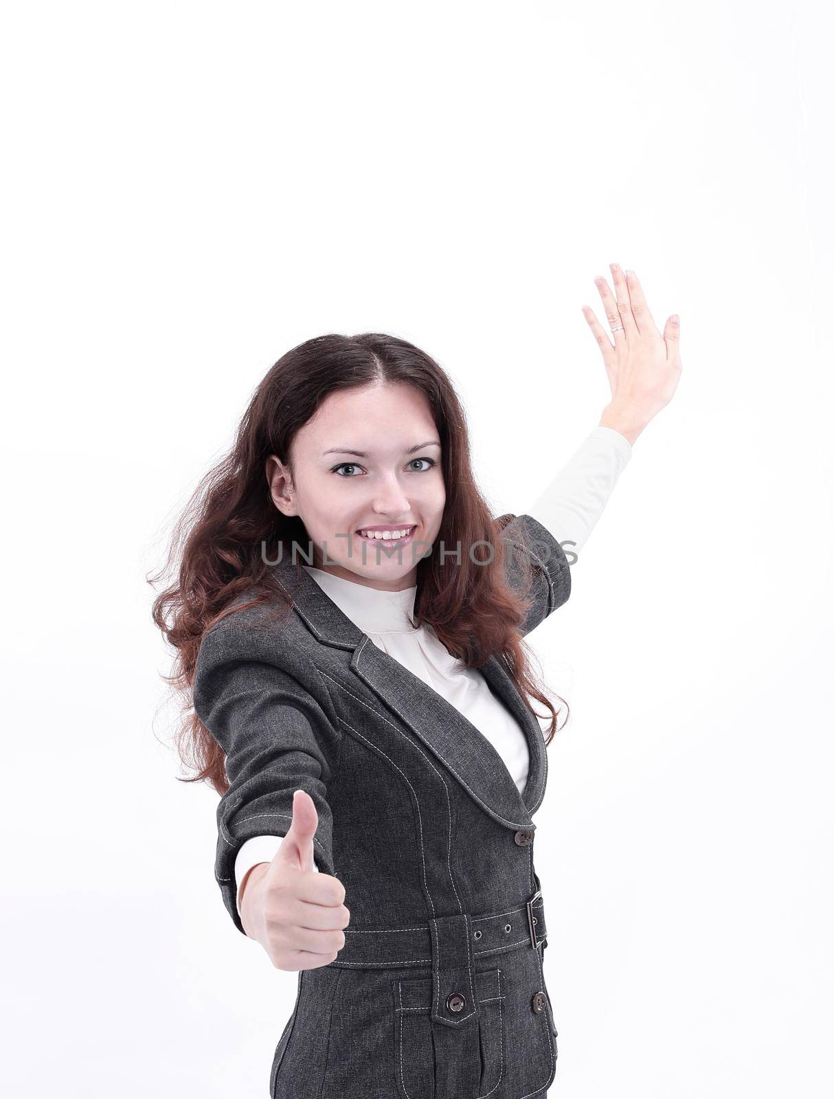 smiling business woman showing thumb up.isolated on a white by SmartPhotoLab