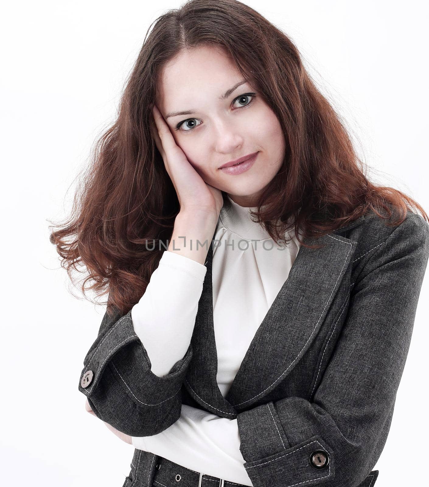 portrait confused young business woman.isolated on a white background.
