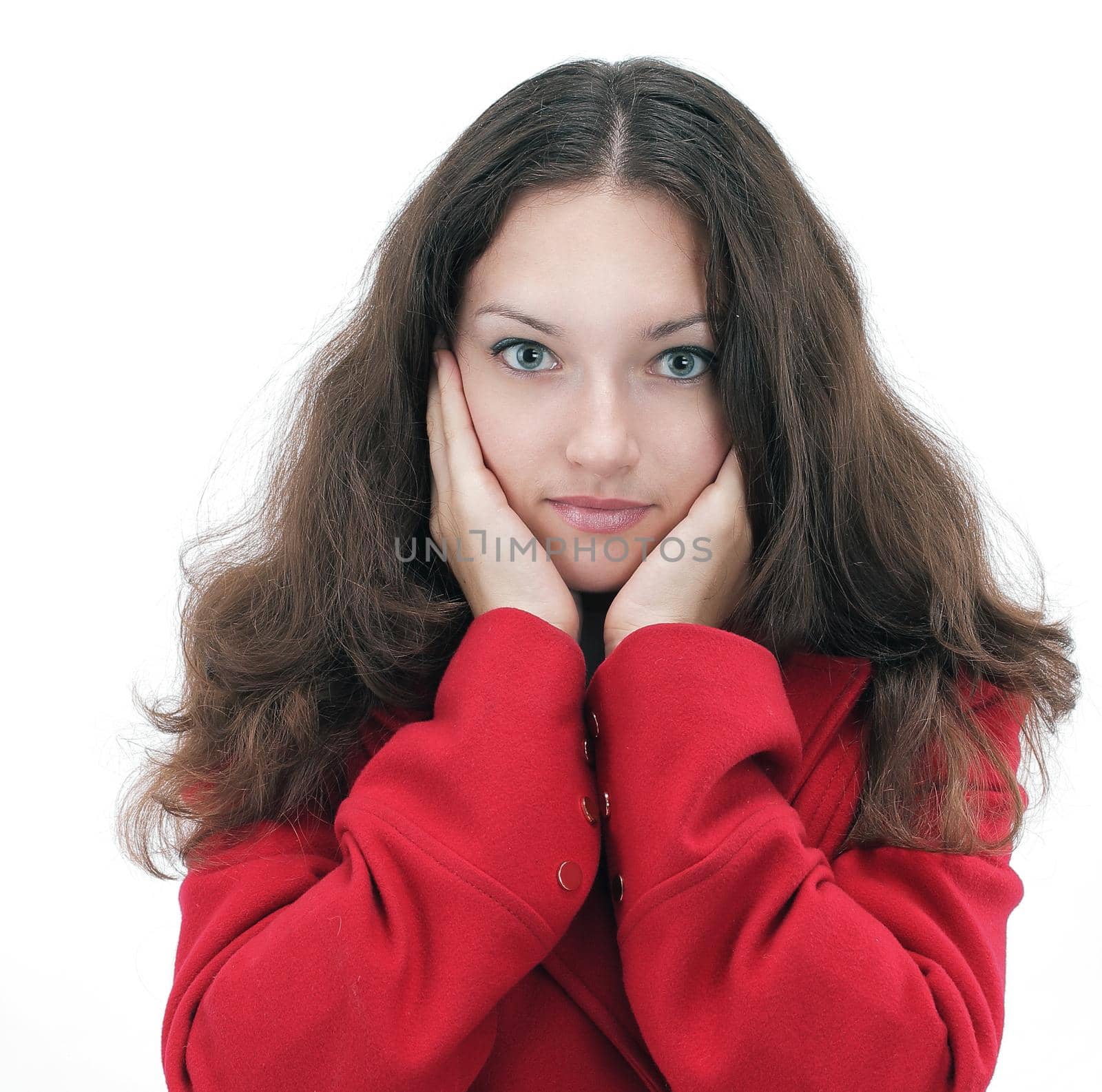 surprised young woman in a red coat by SmartPhotoLab