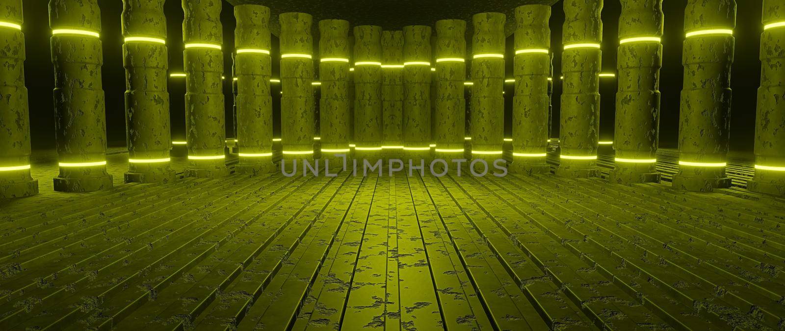 Futuristic Concrete Cement Panels Underground Tunnel Lighted Dark Brown Illustrative Banner Background Wallpaper Pedestal Concept 3D Rendering by yay_lmrb