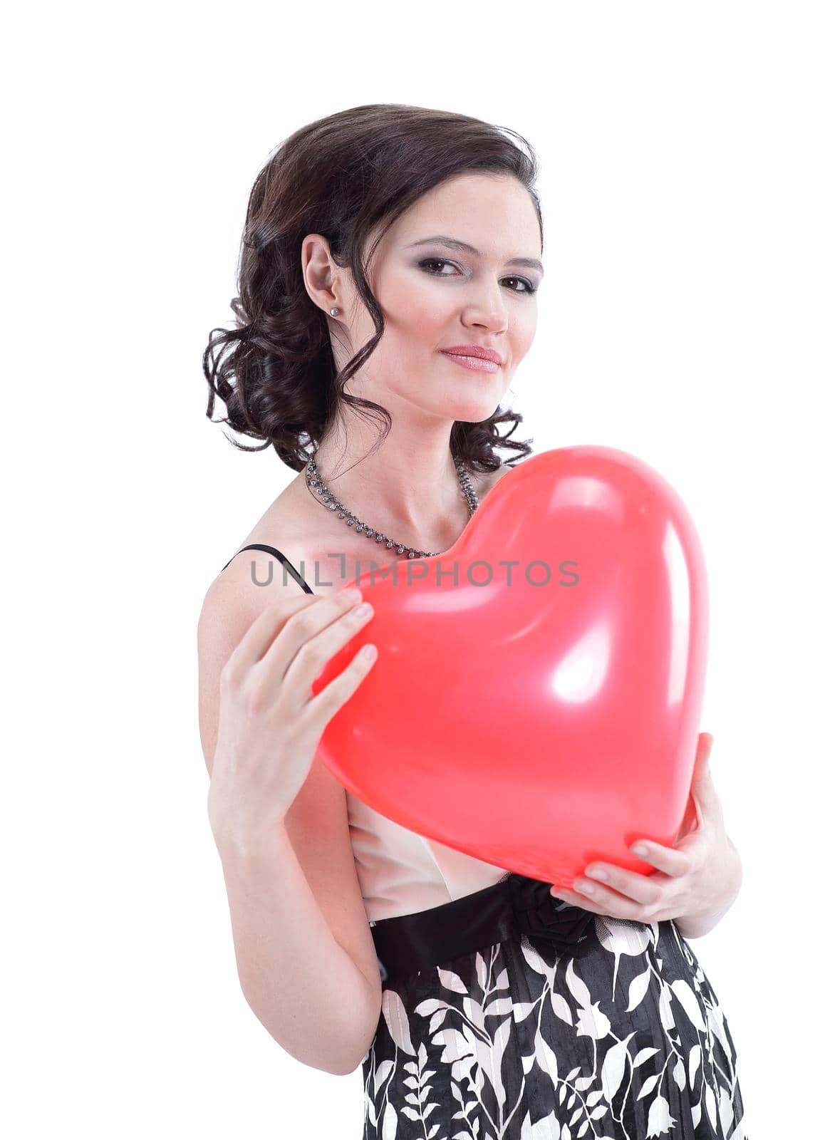 beautiful young woman holding red balloon heart. by SmartPhotoLab