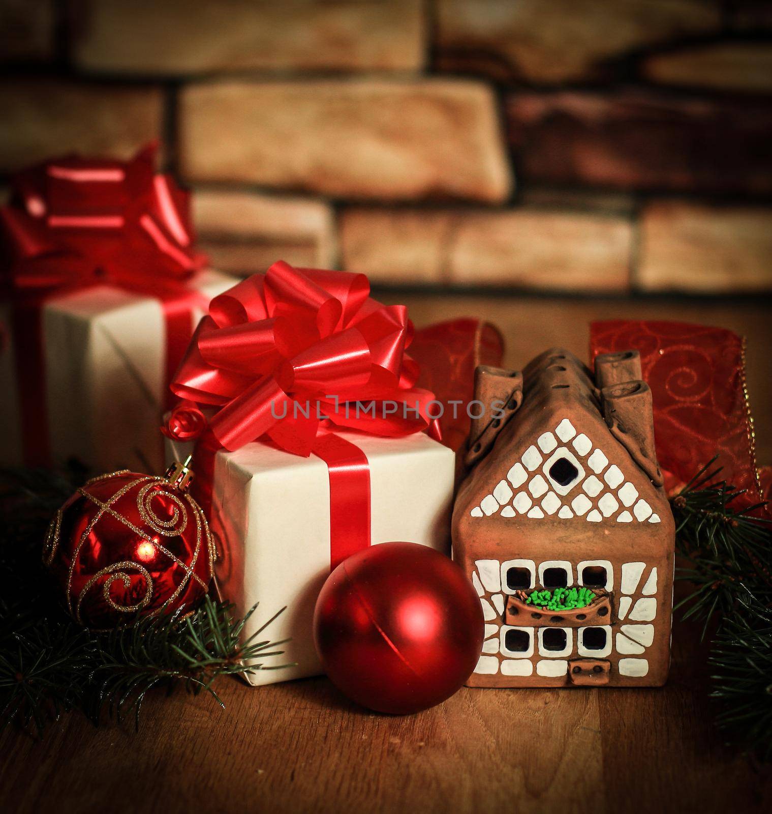 gingerbread house,Christmas balls and Christmas gifts.photo with copy space
