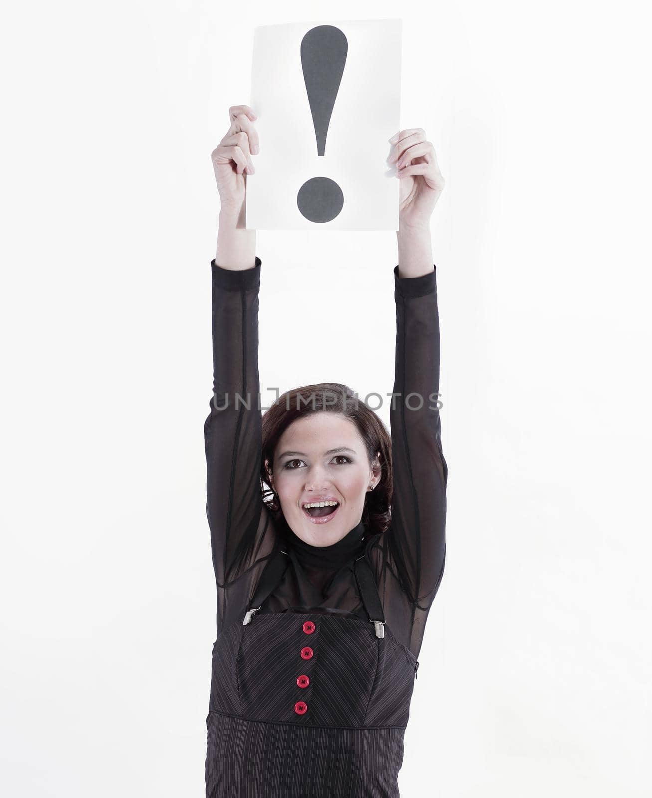 young business woman holding a sheet with exclamation mark. isolated on white