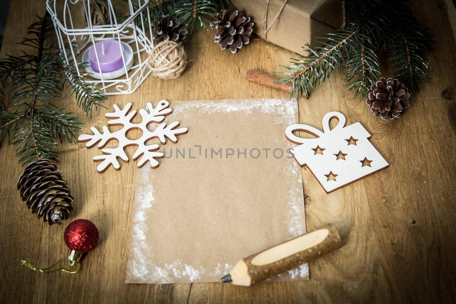Christmas blank greeting card on vintage background.Christmas vintage decoration with cinnamon sticks