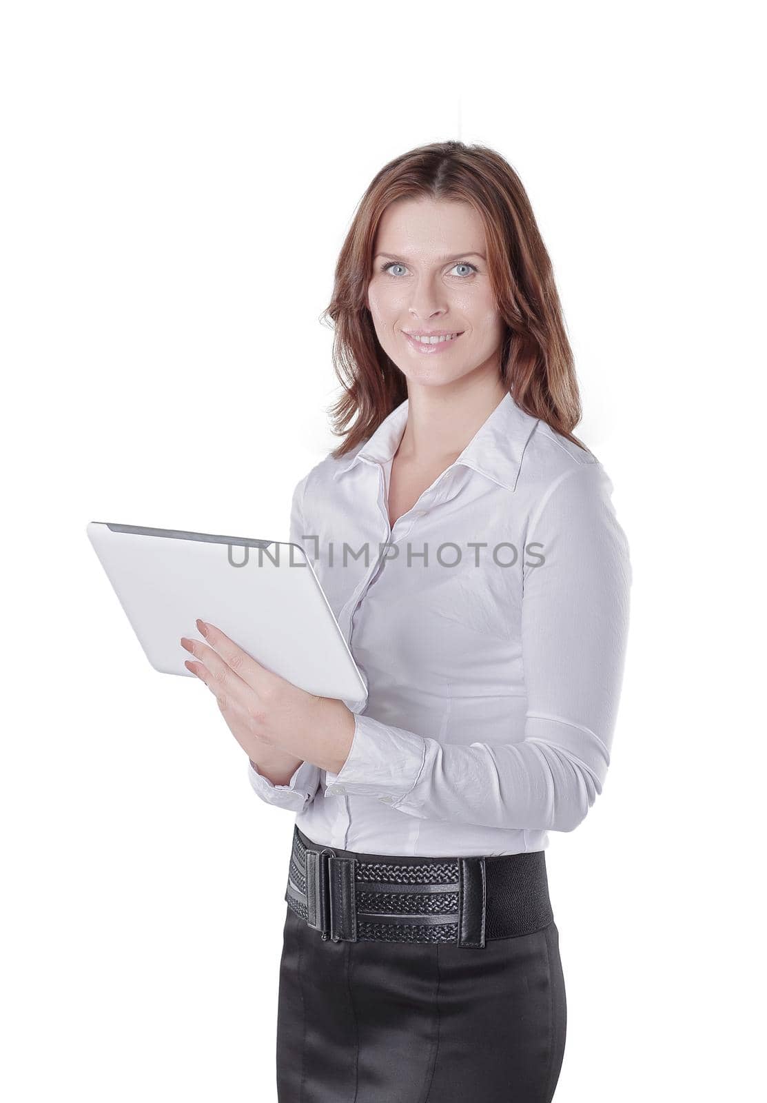 close up.young business woman with digital tablet. isolated on white.photo with copy space.