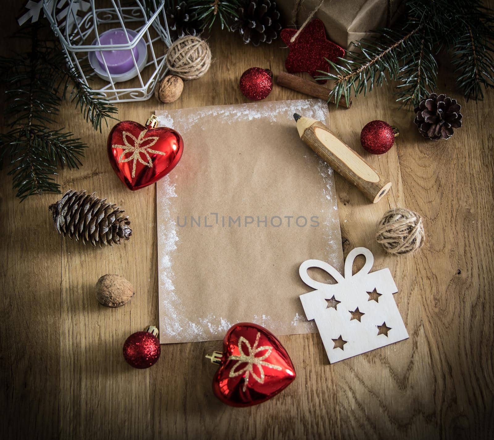 Christmas blank card on wooden background. retro style.photo with copy space