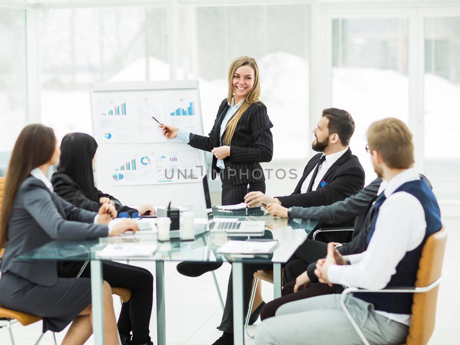 business team gives a presentation of a new financial project for the business partners of the company . the photo has a empty space for your text.