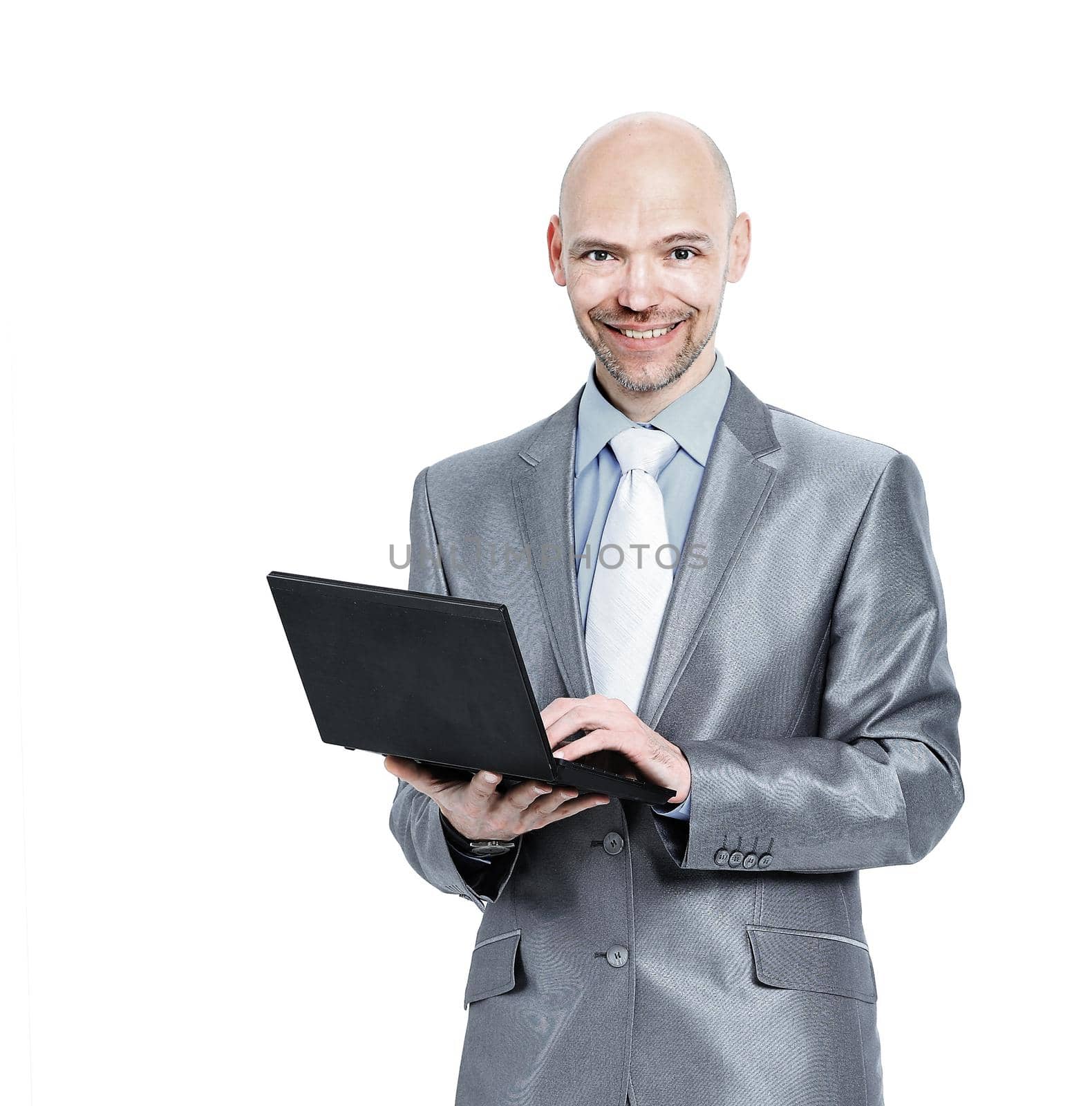 man with laptop on a white background