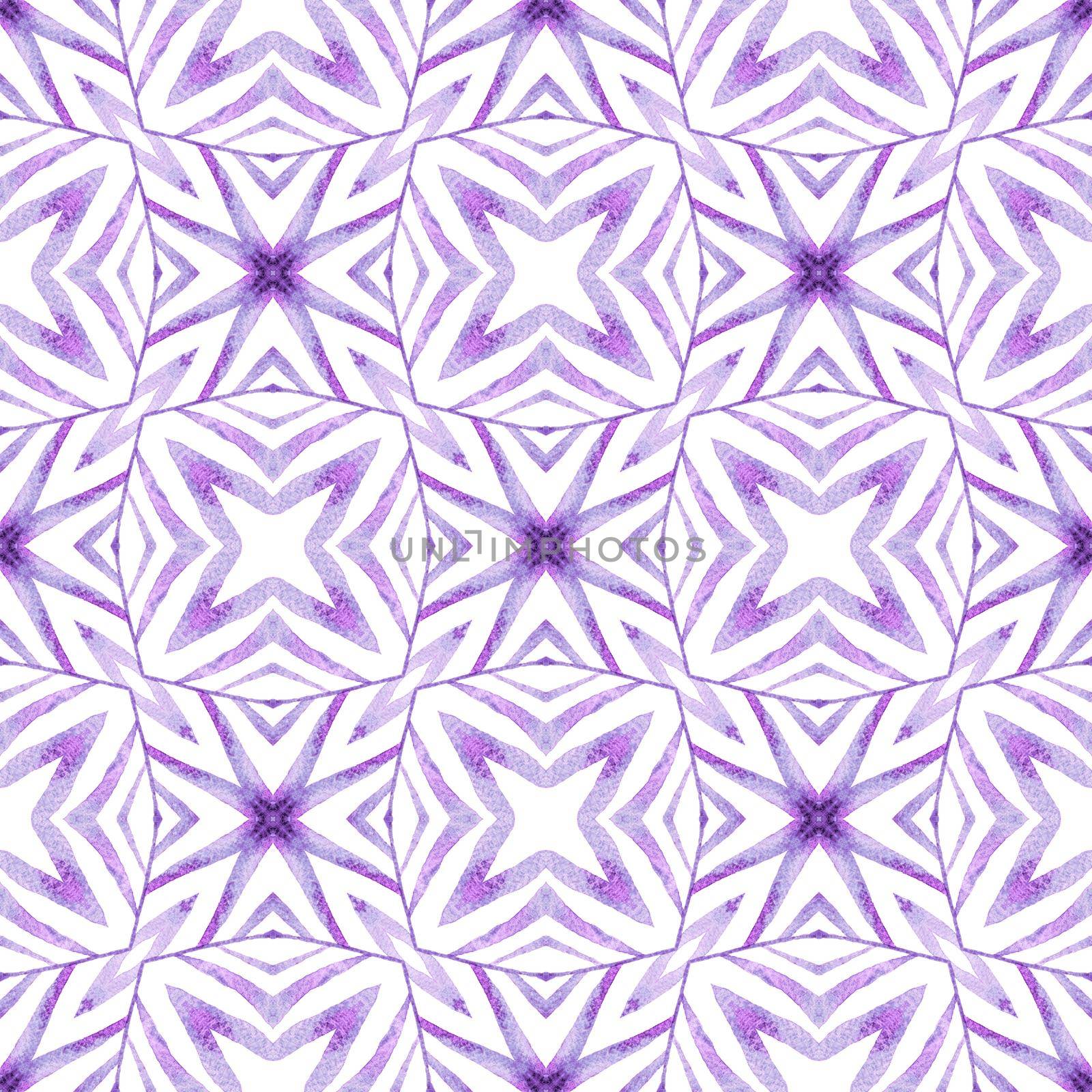 Textile ready admirable print, swimwear fabric, wallpaper, wrapping. Purple beauteous boho chic summer design. Ikat repeating swimwear design. Watercolor ikat repeating tile border.