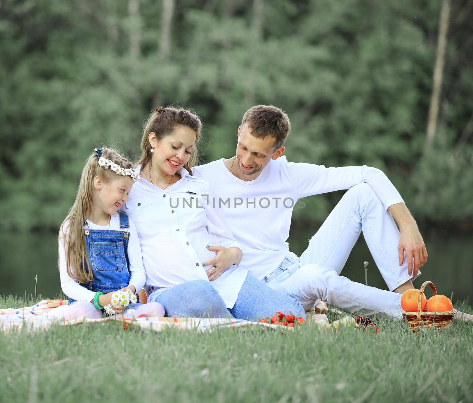 pregnant mother and happy father and little daughter at a picnic in the Park on a Sunny day. the photo has a empty space for your text