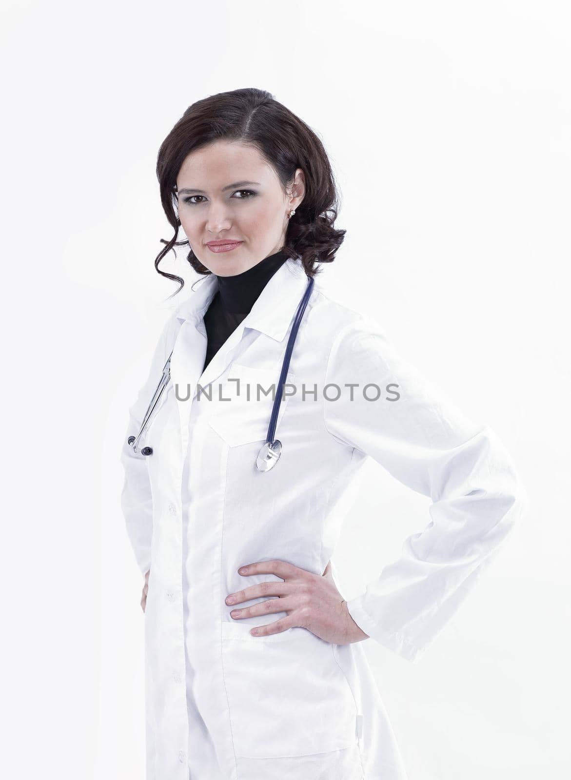 portrait of a young woman doctor on a white background by SmartPhotoLab